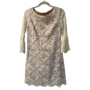 Elisa J Ivory Lace Overlay Dress With 3/4 Bell Sleeves & Back Zipper Womens Size